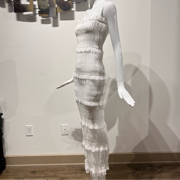 Commense Layered Ruffle Eyelet Long Dress Ruched Smocked Detail Slit Back - Picture 3 of 16